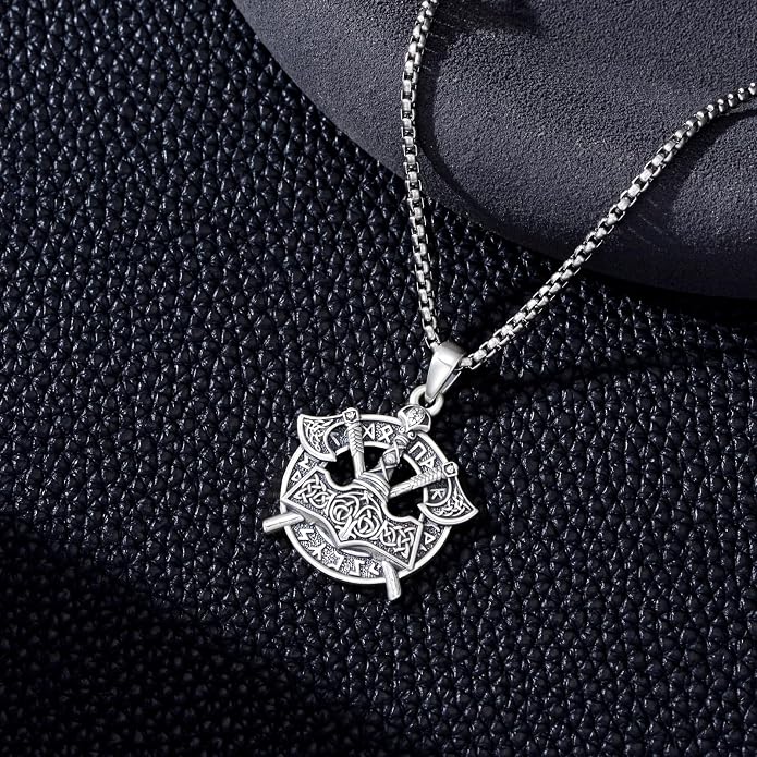 PROESS Viking Axe/Sword/Skull Necklace S925 Sterling Silver Thors Hammer Necklace Amulet Dagger Pendant Norse Viking Rune Jewelry Gifts for Men Women
