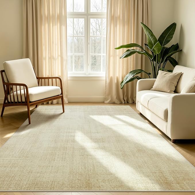 Joydeco Washable 5x7 Area Rugs for Living Room Bedroom, Boho Abstract Beige Dining Room Rug Non Slip, Soft Neutral Classic Indoor Throw Carpet for Playroom Dorm Classroom Entryway Office