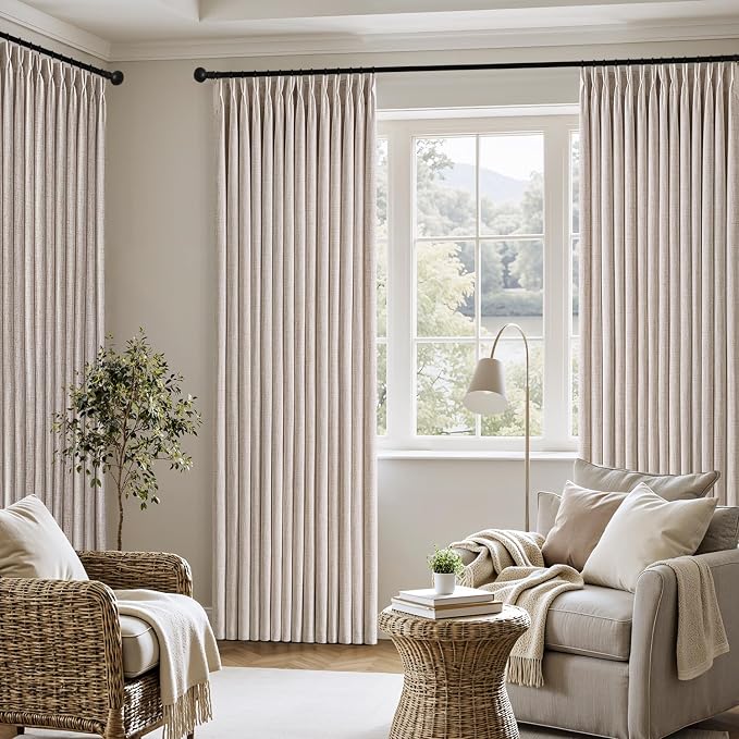 MIULEE Pinch Pleated Thick Linen Curtains 90 Inch 4 Panels Set Back Tab Memory Trained Pinch Pleat Semi Sheer Light Filtering Privacy Curtain Let Light in Window Drapes for Living Room Bedroom Natural