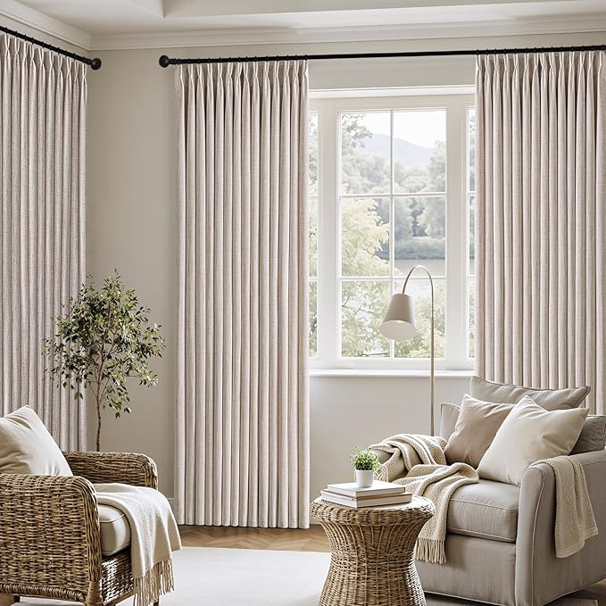 MIULEE Pinch Pleated Thick Linen Curtains 96 Inch 4 Panels Set Back Tab Memory Trained Pinch Pleat Semi Sheer Light Filtering Privacy Curtain Let Light in Window Drapes for Living Room Bedroom Natural