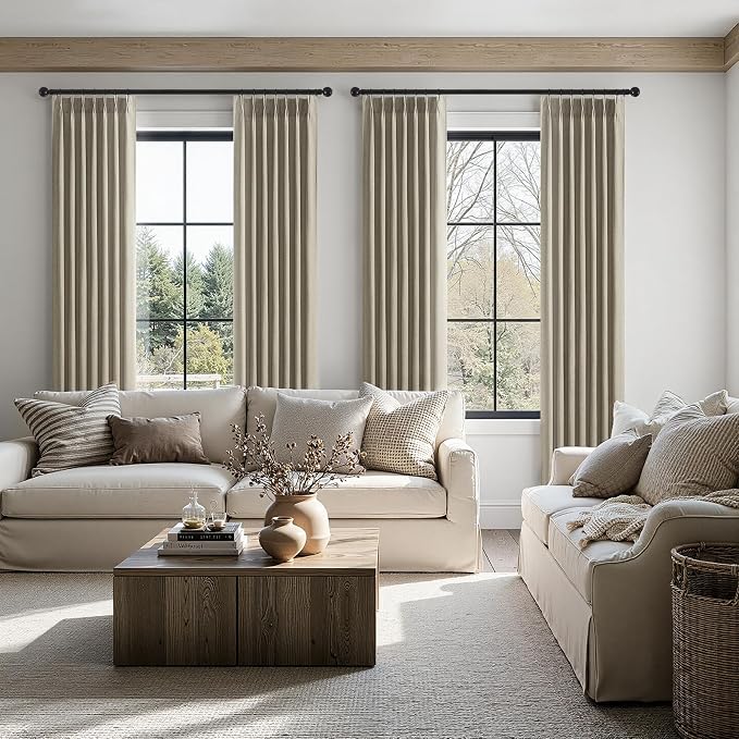 Topfinel Pinch Pleated Curtains 90 Inches Long 2 Panels Set,Grey Beige Semi Sheer Cotton Blend Fabric Aesthetic Advanced Curtain Drapes for Living Room Bedroom,40x90 inch Length
