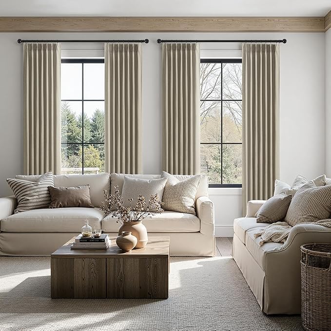 120 Inches Long Pinch Pleated Semi Sheer Curtains,Grey Beige Linen Blended Light Filtering Window Curtains 120 Length 2 Panels for Living Room Bedroom Pinch Pleat Drapes with Hooks,40" Wx120 L