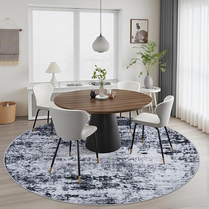 Round Area Rug for Living Room: 5 ft Washable Modern Abstract Soft Thin Rug Indoor Floor No Slip Stain Resistant Carpet for Bedroom Dining Room Farmhouse Nursery Home Office - Black