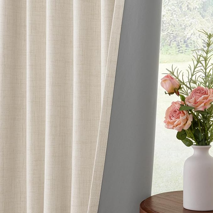 INOVADAY 100% Blackout Curtains for Bedroom, Cream Black Out Curtains 108 Inch Long, Clip Rings Linen Blackout Drapes, Thermal Insulated Room Darkening for Living Room, 2 Panels - W50xL108