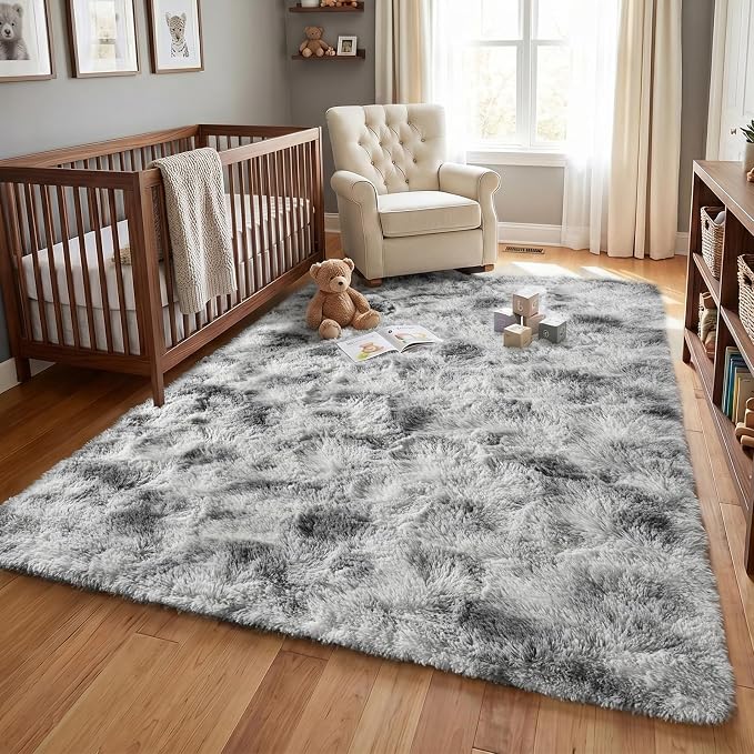 Fluffy 5x7 Area Rugs for Bedroom: Tie-dye White Grey Soft Shag Rug for Living Room, Large Fuzzy Plush Indoor Floor Carpet Non Slip Modern Rug for Nursery Boys Girls Kids Room Playroom Dorms Home Decor