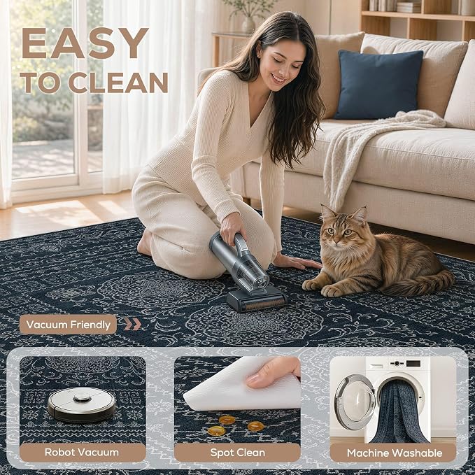 Nakagishi 7x10 Area Rugs Living Room: Washable Large Vintage Rug Neutral Non-Slip Soft Stain Resistant Indoor Carpet for Bedroom Nursery Dining Room Office Playroom - Navy