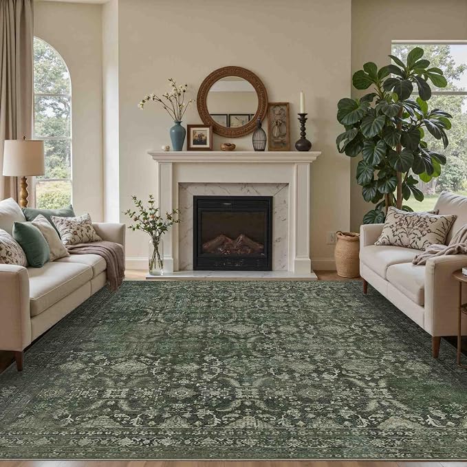Rugxara Green 8x10 Area Rugs for Living Room Bedroom Large Washable Rug | Non Slip, Rug for Dining Room Bedroom Office Kids Room, Stain Resistant, Soft, Low Pile, Vintage Boho Retro Carpet,Home Decor
