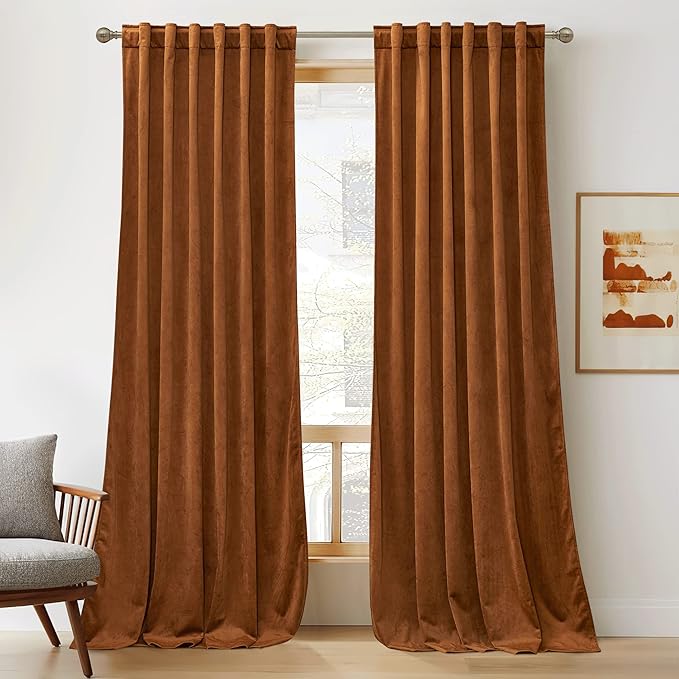 RYB HOME Burnt Orange Velvet Curtains for Bedroom Living Room, Thermal Insulated Privacy UV Heat Blocking Luxurious Soft Rod Pocket Back Tab Drapes for Nursery, 42" W x 63" L, 2 Panels