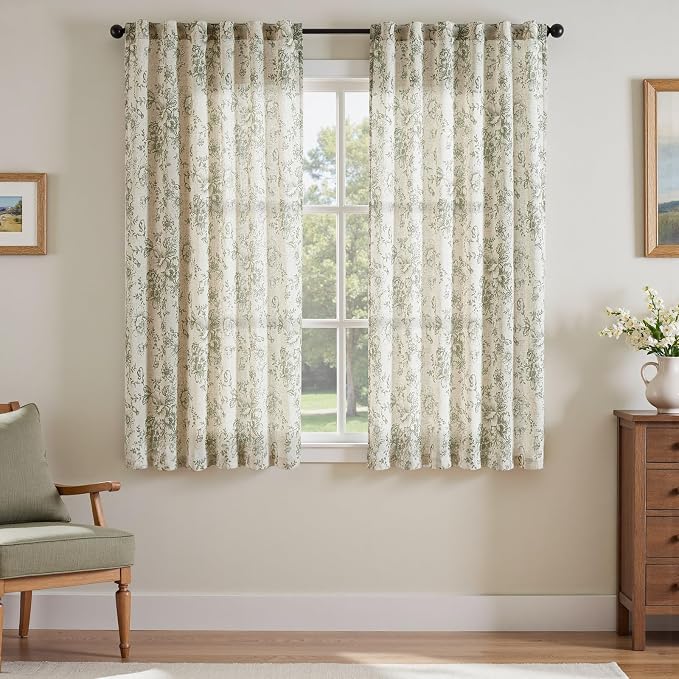 jinchan Green Floral Linen Curtains 63 Inch Farmhouse Back Tab 2 Panels | Light filtering drapes, semi sheer, farmhouse, cottagecore, rustic, living room, bedroom, rod pocket, window treatment