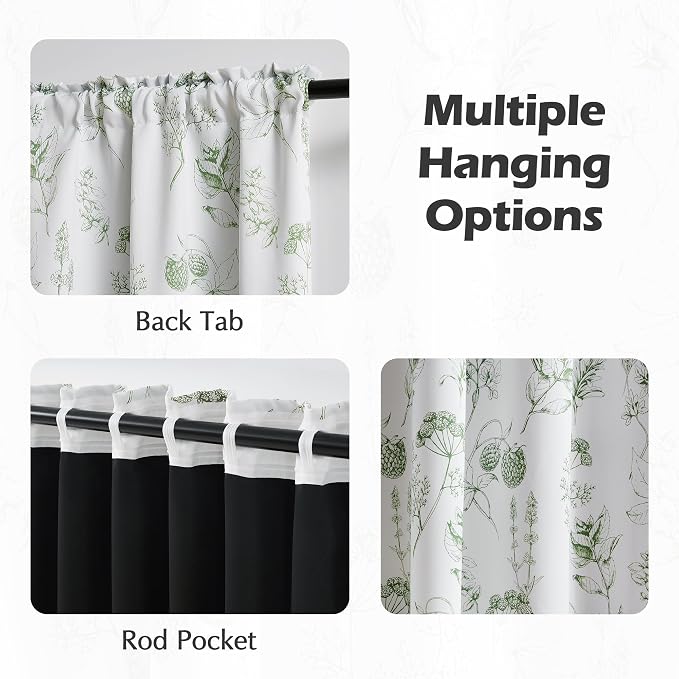 FMFUNCTEX 100% Blackout Green Floral Curtains 96 Inch Back Tab 2 Panels | Black Out Drapes, Thermal Insulated Cottage Farmhouse, Lichi Patterned Extra Long Curtain for Bedroom, Living Room Darkening
