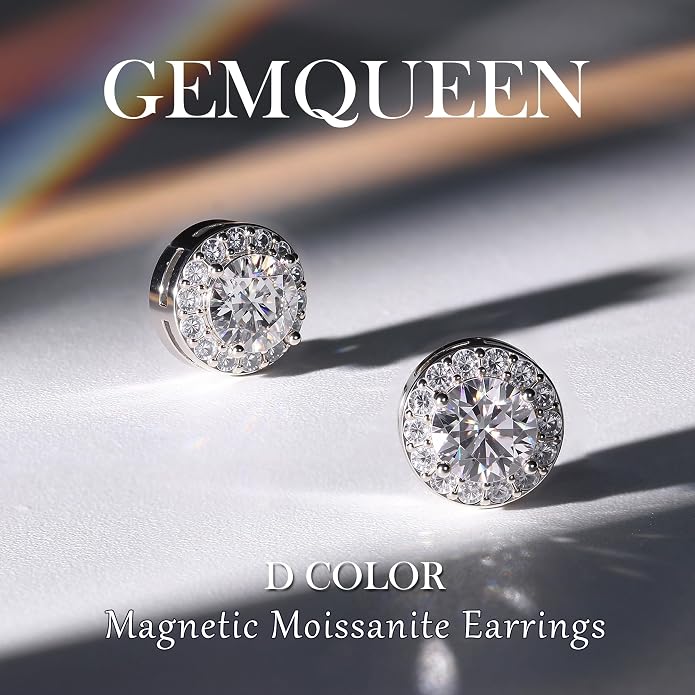GEMQUEEN Moissanite Magnetic Earrings for Men : 18K White Gold Plated Hypoallergenic Stainless Steel Non Piercing Clip on Fake Earrings Studs Halo Round Square Diamonique Earring Women D Color VVS1