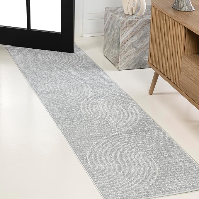 JONATHAN Y Hallie High-Low Curve Light Blue/Cream 2x8 Indoor/Outdoor Runner Rug, Minimalist Geometric, Pet Friendly, for Patio, Backyard, Living Room, Bedroom, Office, Hose-Washable (SCN100E-28)