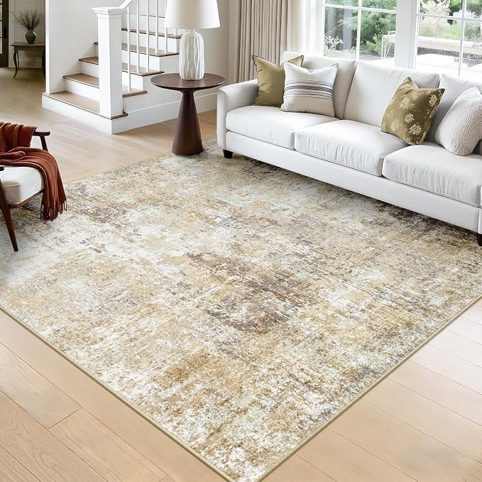 RELEANY Washable Area Rugs Square 8ft Non-Slip Modern Abstract Soft for Living Room Entryway Bedroom Kitchen, Print Pattern, Neutral Brown Gray