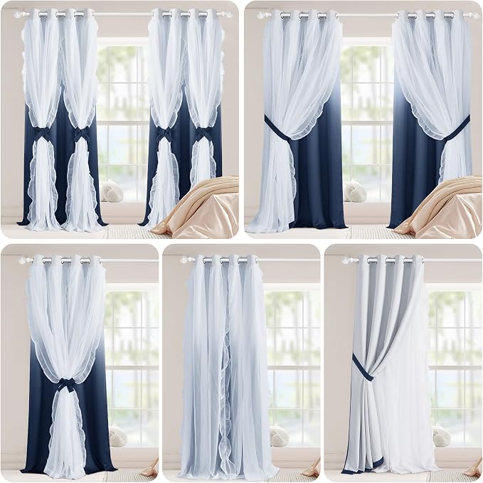 PONY DANCE Gradient Kids Curtains for Bedroom Decorative Drapes, Double Layer Curtain Ruffle Sheer Overlay Room Darkening Pretty Chic Princess, 52x84 inch, Ombre-Blue, 2 PCs