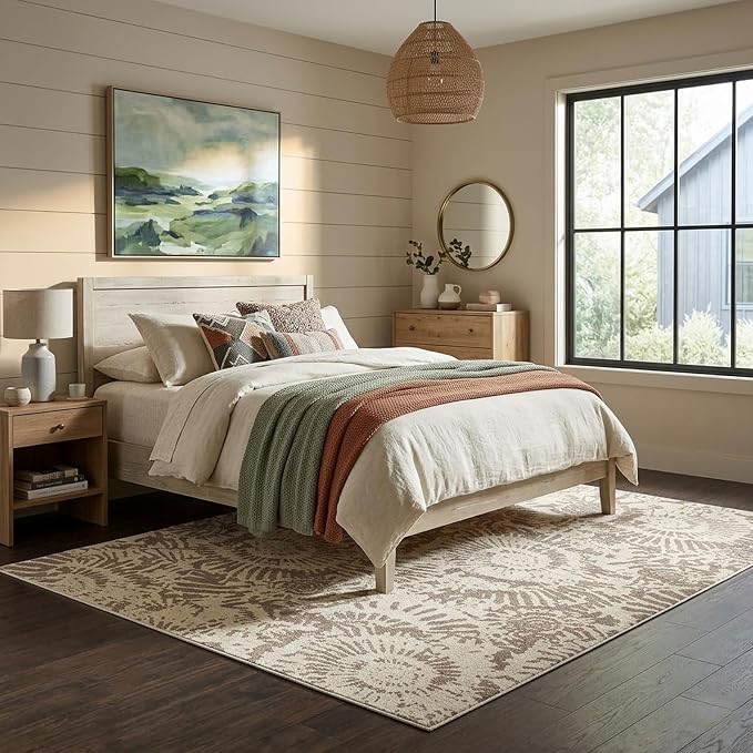 BLISSA Taupe Modern 5x7 Area Rug - Ultra-Thin Washable Living Room Rug, Soft Non-Slip Geometric Neutral Abstract Rugs for Bedroom Kid Room Nursery Playroom Foyer Dining Room Rugs for Under Table