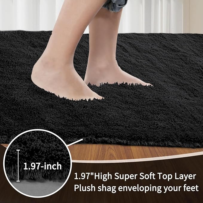 Sour Lemon Area Rugs 9x12 Living Room Bedroom, Large Fluffy Shag Black | Shaggy Carpet, Soft Plush Furry Bedside Rugs, Anti Slip, Washable Area Modern Rugs Floor Mat for Kids Girls Boys Living Room