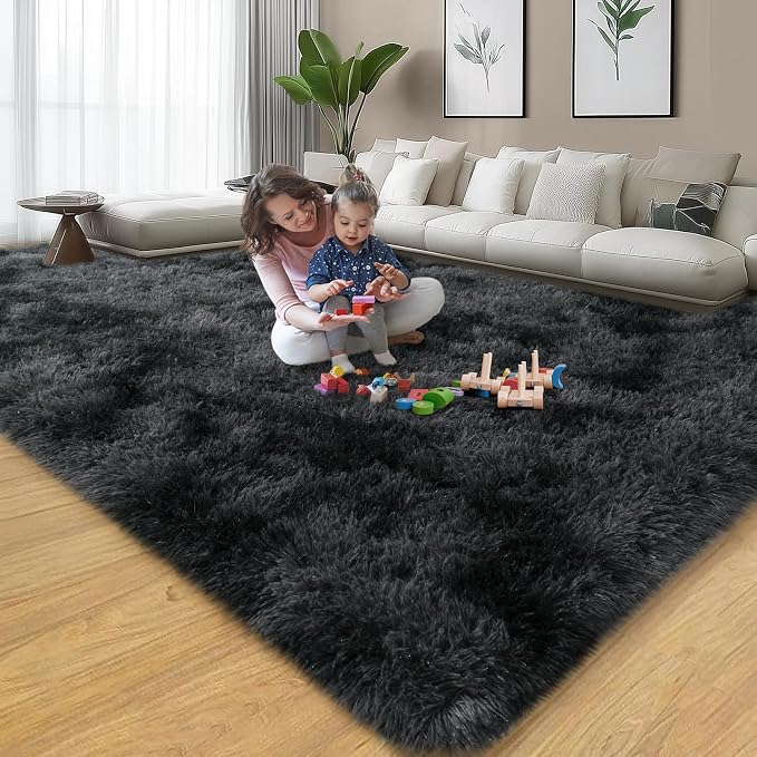 qulint 8x10 Rug for Living Room, Large Fluffy Rug for Bedroom, Black/Grey | Shag Shaggy Tie-dyed Black Gray Carpet, Plush Fuzzy Modern Rug for Dorm Kid Room Classroom Home Decor