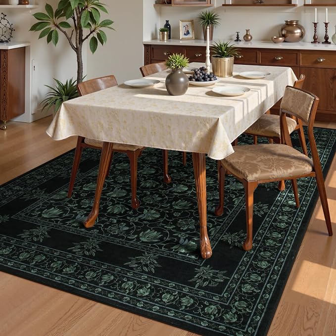 Lahome Floral Black Rugs for Living Room, Low Pile Soft Area Rugs 5x7 Rugs for Bedroom Non Slip, Stain Resistant Vintage Floral Rug for Dining Room Office (5'x7', Black/Green)
