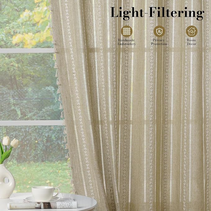 ColorBird Boho Floor to Ceiling Linen-Textured Brown Tan Curtains for Living Bedroom Sliding Doors 96 Inches Farmhouse Light Filtering Embroidered Striped Drapes Dining Room Closet Window Treatment