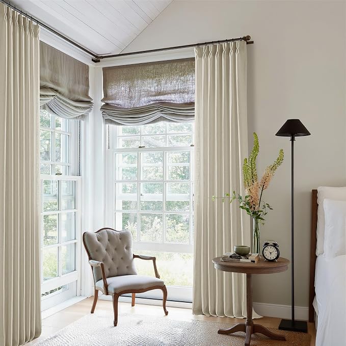 Beige Linen Curtains 112 Inches Long 2 Panels Pleated for Living Room Bedroom Memory Training Shaped Semi Sheer Neutral Flax Burlap Pinch Pleat Drapes Hooks Rings Light Filtering Window Curtain