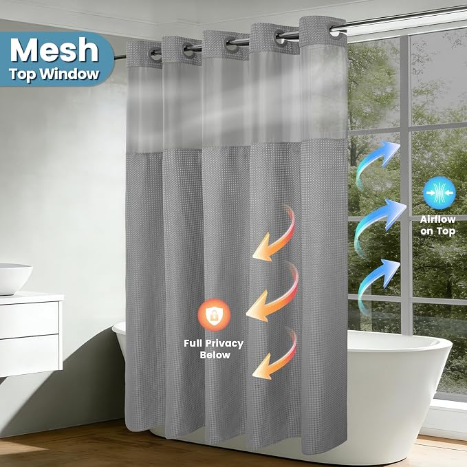 EUTXL Heavyweight Grey Stall Shower Curtain and Liner Set - 256GSM Waffle Weave Textured Heavy Duty,Hotel Luxury Weighted Bath Curtain,54W x 80H