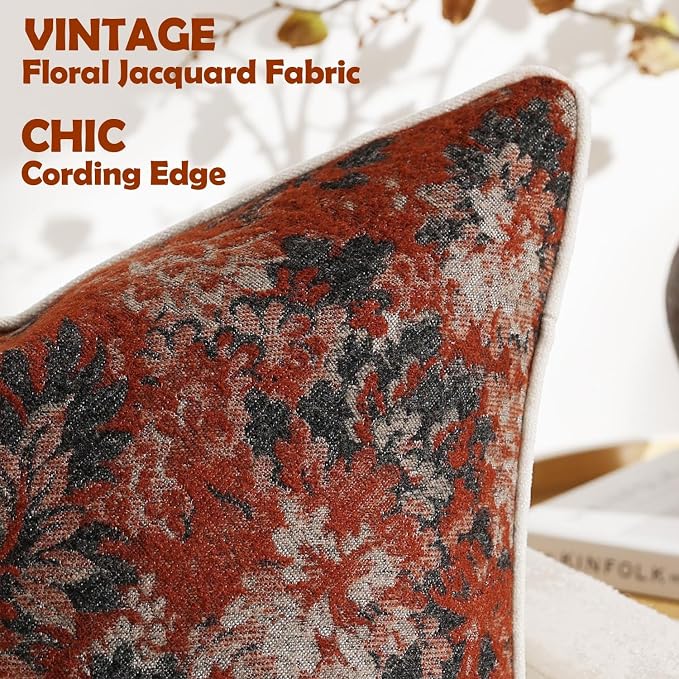 DEZENE Pack of 2 Vintage Floral Euro Sham Covers 26x26 Boho Farmhouse Accents Chenille Square Decorative Throw Pillow Cases for Living Room Couch Bed Home Decor, Rust