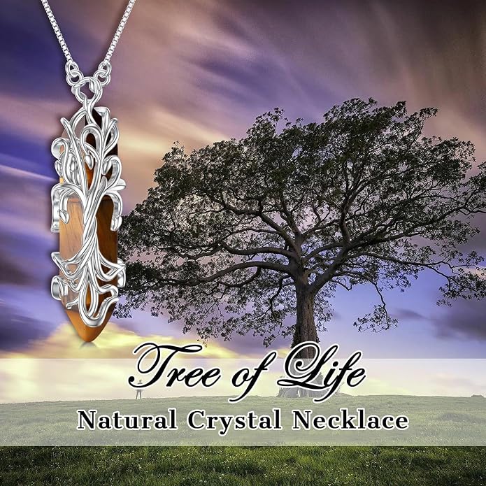 Healing Crystal Necklace 925 Sterling Silver Sunflower/Tree of Life Wrapped Pendant Reiki Energy Jewelry for Women