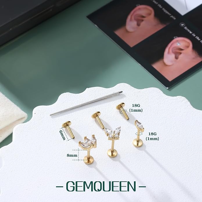 GEMQUEEN G23 Implant Grade Titanium 18G Internally Threaded Flat Back Earrings 5A CZ Studs: 14K Gold Hypoallergenic 3 Pcs Tragus Cartilage Conch Helix Piercing Jewelry for Sensitive Ears Women Men