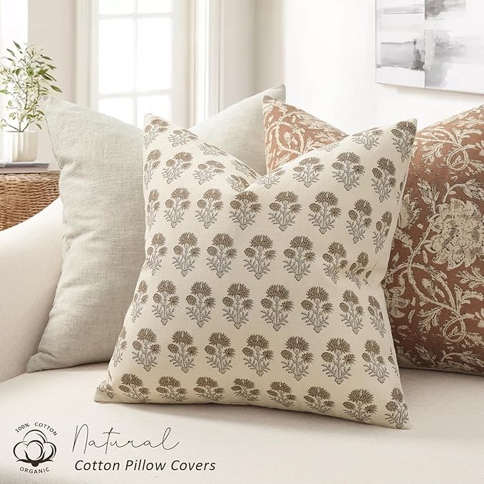 Farmhouse Floral Pillow Covers 16x16 Set of 2, Country Botanical Throw Pillow Cover for Sofa Couch Bed Living Room, Rustic Vintage Flower Cushion Covers Cottage Home Decor,Vintage Walnut