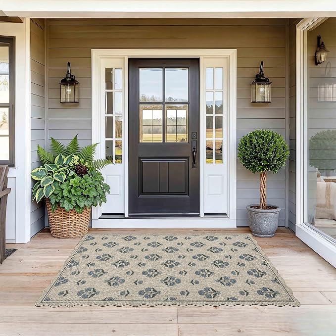 ORTIGIA Scalloped Easy Jute 3x5 Area Rug Vintage Blue Block Floral Farmhouse Washable Rug Non-Slip Indoor Outdoor Carpet for Living Room Bedroom Kitchen Patio Entryway