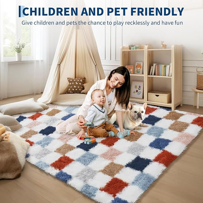 Garvee Washable Checkered Rug 5x8 Plush Fuzzy Rugs for Bedroom Thick Shaggy Rug Clearance,Rainbow Modern Shag Rug Super Soft Indoor Fuzzy Carpet Non-Slip Plush Rugs for Dorm Home Aesthetic Decor