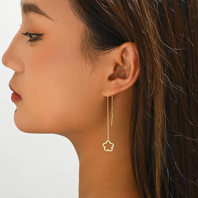 Flower Threader Drop Earrings for Women, 925 Sterling Silver Dainty Hollow Floral Dangle Earrings to Daughter Mother 14k Gold Plated Flowers Long Tassel Chain Earring Birthday Wedding Jewelry Gift