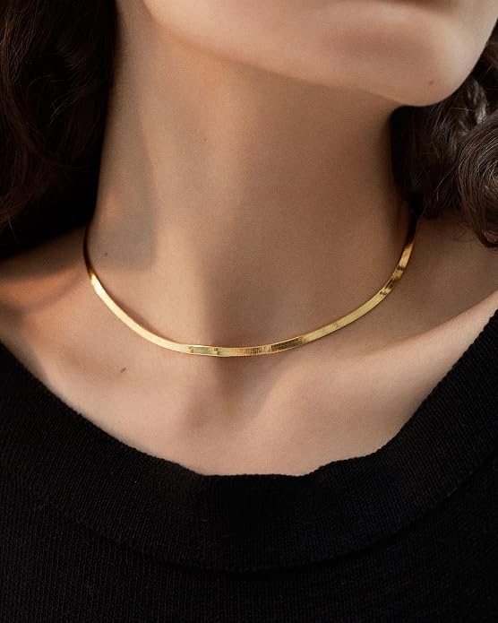 NECOCY 14K Gold Plated Necklaces for Women, Dainty Gold Herringbone Choker Necklace Thin Layered Snake Chain Jewelry for Gifts