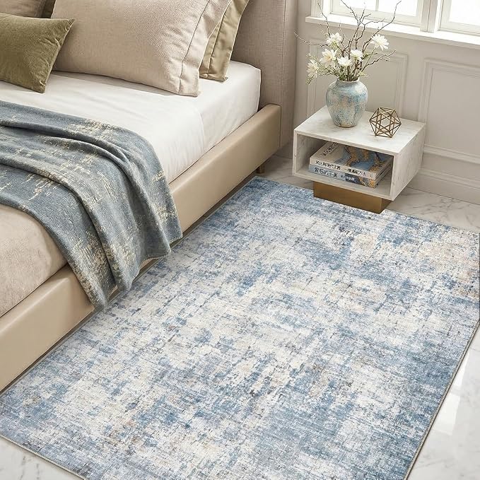 4x6 Area Rugs Washable Living Room Rug-No Slip Soft Carpets Modern Abstract Coastal Indoor Floor Stain Resistant Carpet for Bedroom Dining Room Farmhouse Nursery Home Office Blue