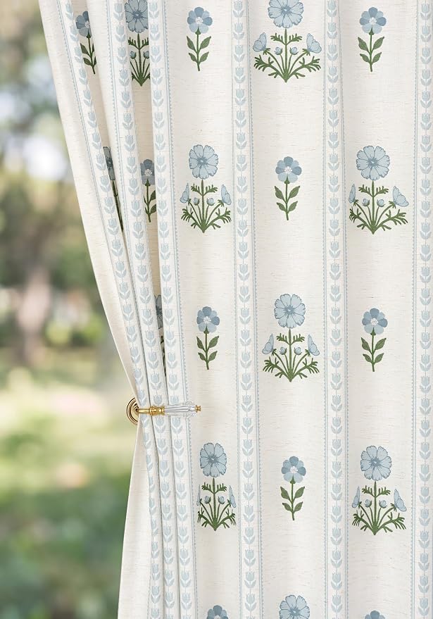THREE GIRLS Pinch Pleated Light Filtering Linen Blend Floral Block Print Curtains for Living Room, Bedroom, Modern Farmhouse, Memory Trained, Hooks, 2 Panels Set, 40"x102", Blue