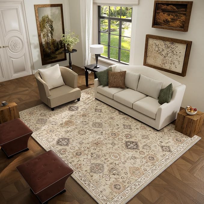 Machine Washable Rug for Living Room: 5x7 Area Rugs Boho Vintage Rug Stain Resistant Non Slip Low Pile Soft Lightweight Carpets for Bedroom Kitchen Dining Room Nursery Kids Room Farmhouse
