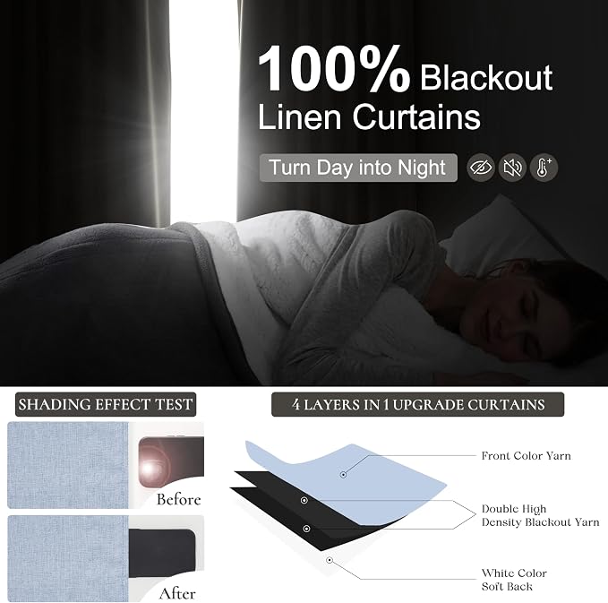 Dusty Blue Blackout Nursery Curtains 102 Inch Length for Kids/Boys Rooms/Bedroom, Floor to Ceiling Track Pleated Large Window Drapes Hooks Linen Winter Thermal Coastal Light Blue(50"Wx102"Lx 2Panels)