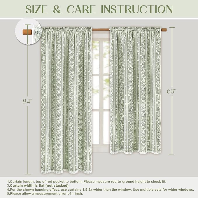 ASPMIZ Linen Curtains for Living Room Double Layer Curtains with Linen Lace, Sage Green Curtain for Bedroom Light Filtering, Rod Pocket Drapes 84 Inch Length 2 Panels Set with 2 Tiebacks, 52x84