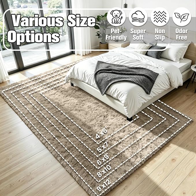 5x8 Area Rug for Living Room, Ultra Soft Fluffy Grey Camel Rugs for Bedroom, Non Slip Large Shag Carpet, Fuzzy Plush Nursery Rug, Thick Washable Indoor Floor Carpets for Kids Office Dorm Home Decor