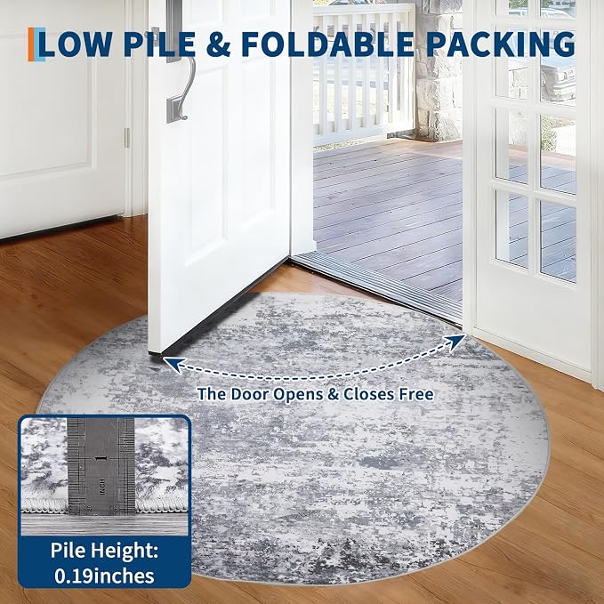 ROYHOME Modern Abstract 4x4 Round Area Rug Non Slip Non Shedding Rug Low Pile Stain Resistant for Bedroom Living Room Office Dining Room,Light Grey