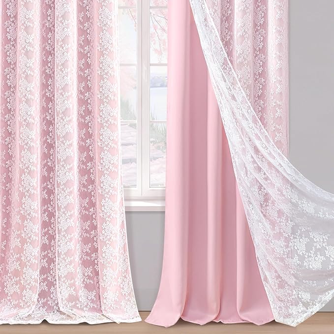 Yinhua Pink Curtains for Girls Room Double Layer Blackout Curtains for Bedroom 96 Inches Long Nursery Curtain for Living Room, Grommet Drapes with Tiebacks, 52" W x 96" L