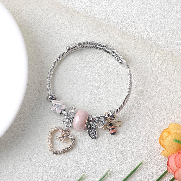 DS Charm Bracelets for girls,exquisite cute cartoon friendship bracelets Silver Stainless Steel Bangle with birthday Gift box, Adjustable girls jewelry Suitable for holiday gifts