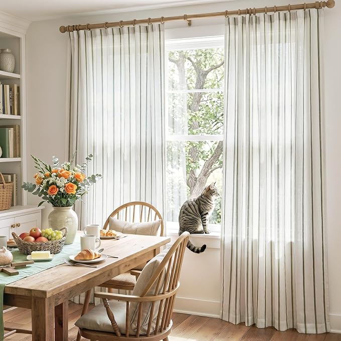 Vangao Striped Curtains Green on White Semi Sheer Curtains 84 Inches Long for Living Room Bedroom Modern Farmhouse Linen Textured Light Filtering Drapes 2 Panels Olive Green W50 x L84 Inch