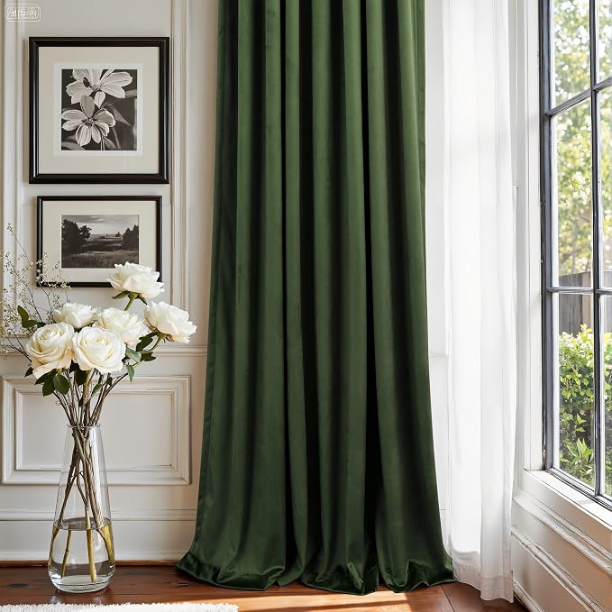 Olive Green Velvet Back Tab Curtains 90 Inches Long 2 Panel for Living Dining Room Rustic Neutral Cottagecore Elegant Heavy Drape Decorative Moss Green Curtain for Bedroom Movie Theater French Country