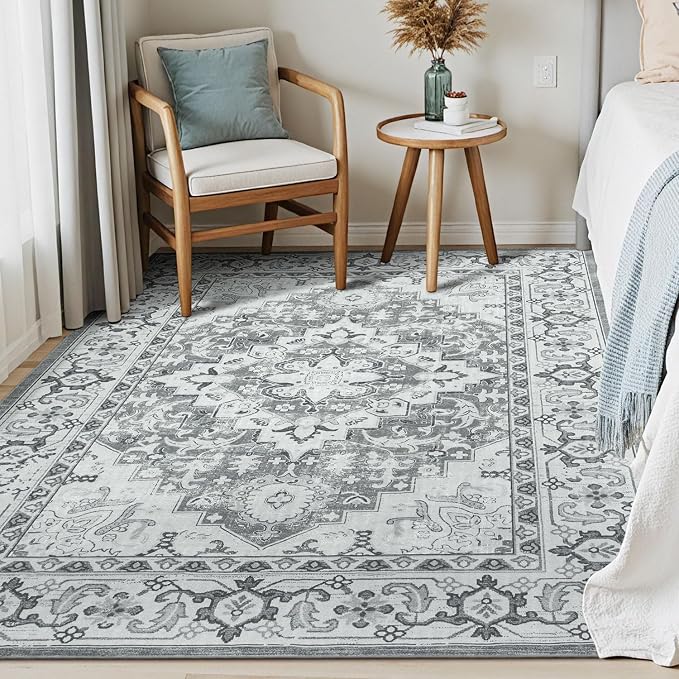Lessymo 5x8 Area Rug for Living Room - Machine Washable Area Rugs, Super Soft Faux-Wool Area Rugs for Bedroom Kitchen, Boho Rug Vintage Floral Non-Slip Low Pile, Grey White