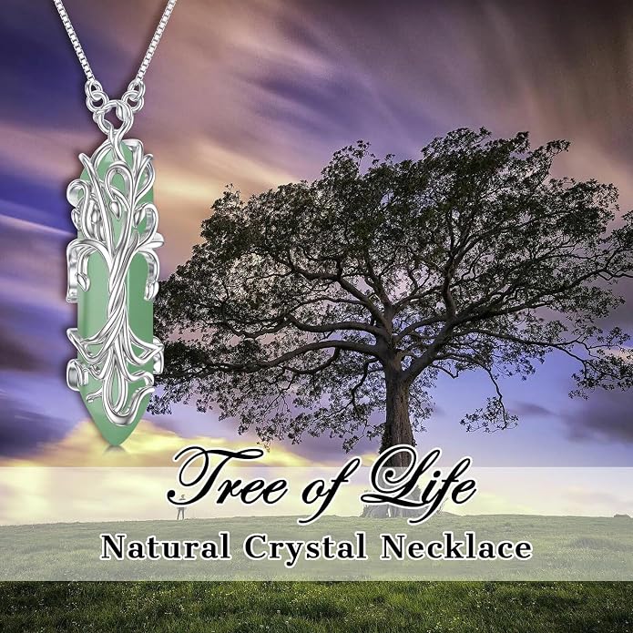 Healing Crystal Necklace 925 Sterling Silver Sunflower/Tree of Life Wrapped Pendant Reiki Energy Jewelry for Women