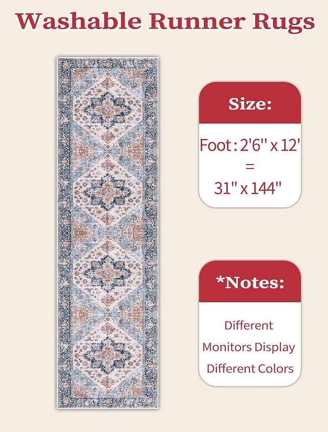 SERISSA Runner Rug for Hallways, 2'6"x12' Washable Non Slip Kitchen Runner Rug, Extra Long Boho Rug Ultra Soft Vintage Blue Orange Floor Carpet for Bedroom Hallway Entryway Bathroom Laundry Room