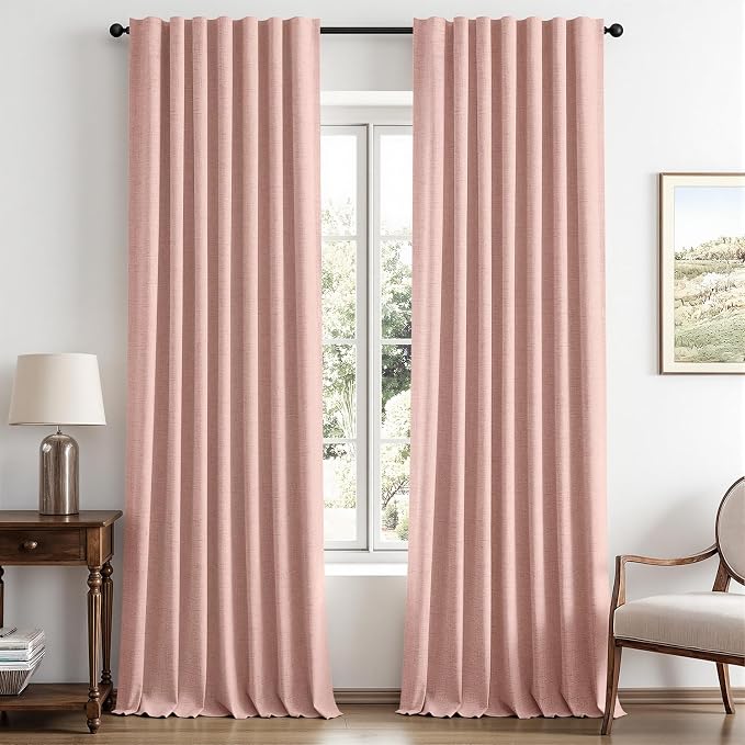 MIULEE 100% Blackout Linen Curtains 42 x 96 Inch Blush Pink 2 Panels | Thermal Insulated, Room Darkening Drapes for Bedroom Living Room, Back Tab Rod Pocket Pinch Pleated, Solid Luxury Decor