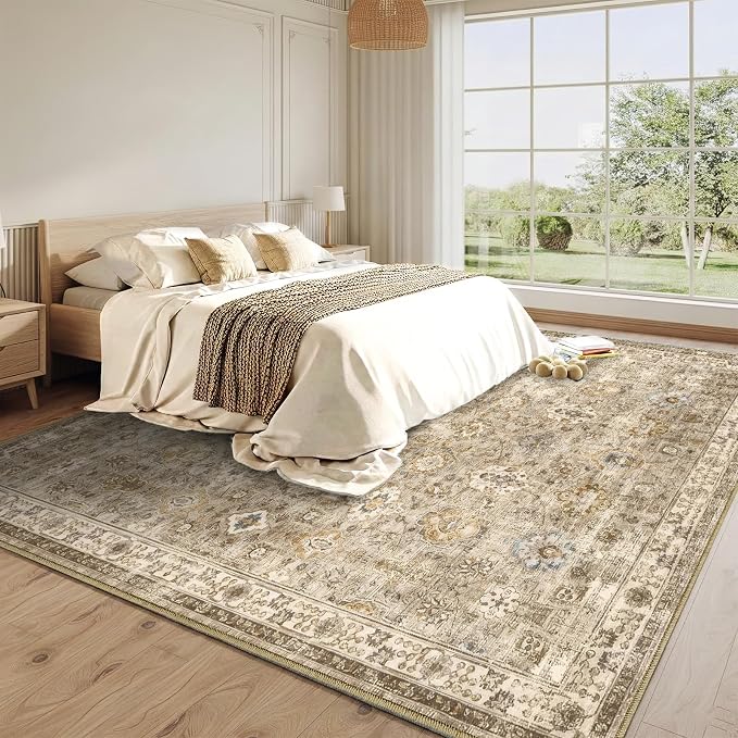 4x6 Area Rug for Living Room-Vintage Farmhouse Boho Floral Neutral Washable Stain Resistant Indoor Carpet for Bedroom Office and Home Decor(Brown&Gold)
