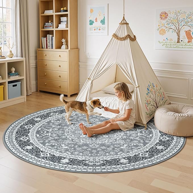 Lessymo Washable 8FT Round Area Rugs for Living Room, Non Slip Circle Rugs Low Pile Vintage Carpet for Bedroom, Dining Room, Nursery, Home Office, Grey White